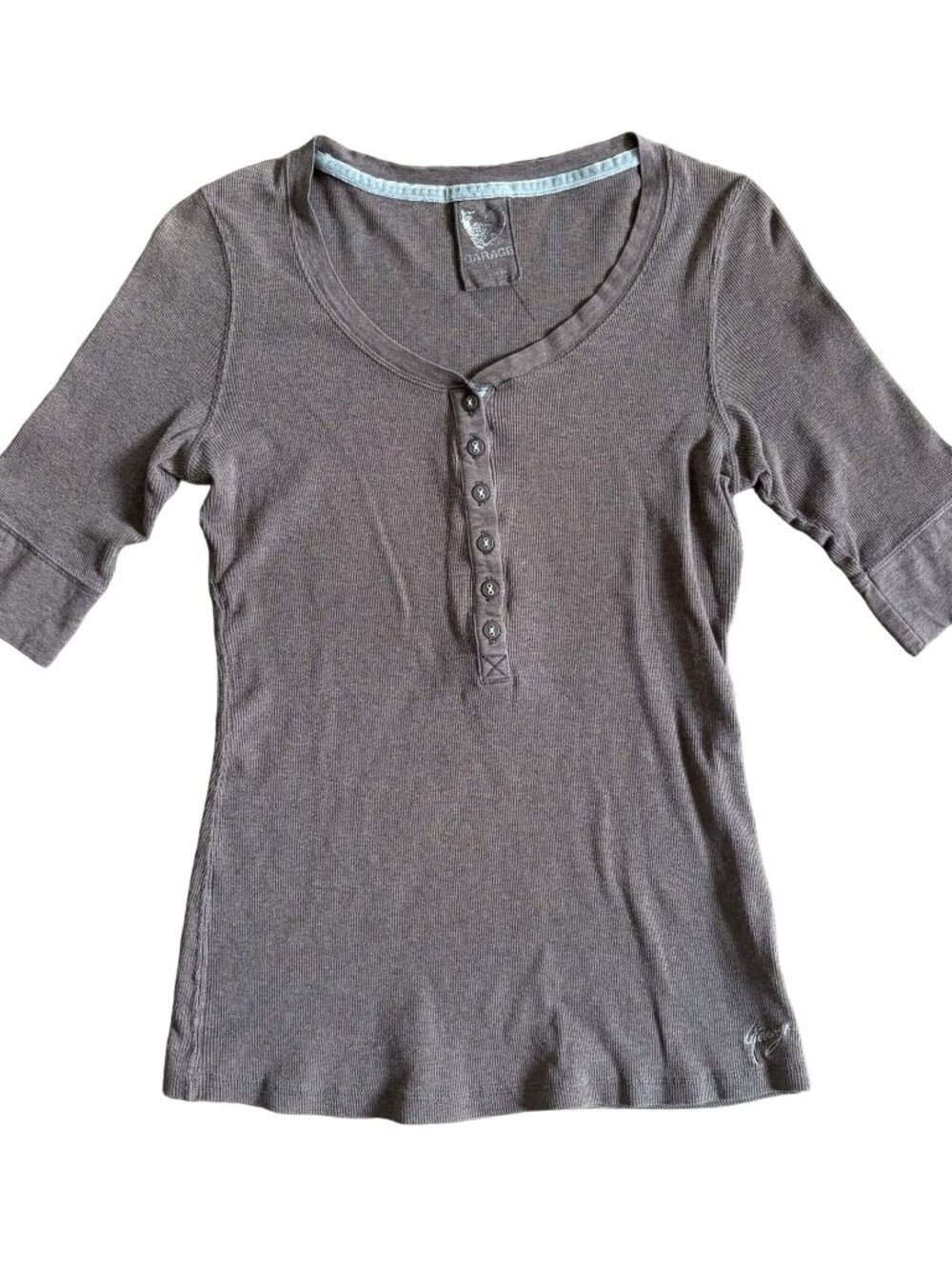 Vintage Y2K Garage Henley Top Brown Ribbed 3/4 Sleeve Bella Swan Core Size S